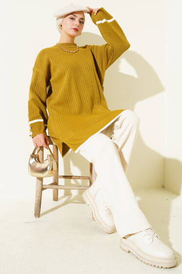 Bilek Düğmeli Fitilli Triko Tunik Yağ Yeşili - Tunik