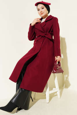 Bilek Düğmeli Kuşaklı Kaşe Kaban Bordo - FELEMEZ