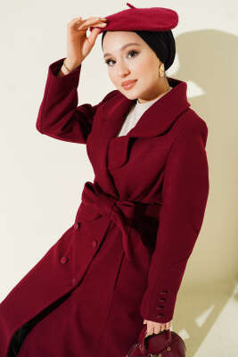 Bilek Düğmeli Kuşaklı Kaşe Kaban Bordo - Kaban