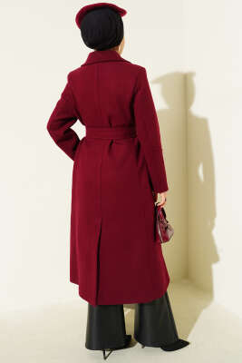 Bilek Düğmeli Kuşaklı Kaşe Kaban Bordo - Kaban