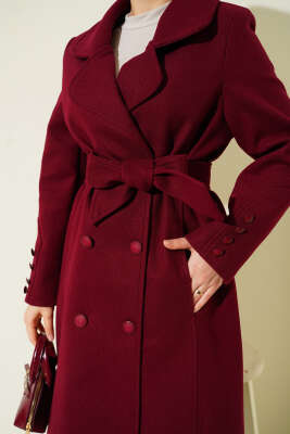 Bilek Düğmeli Kuşaklı Kaşe Kaban Bordo - Kaban