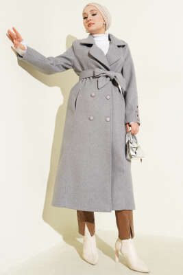 Bilek Düğmeli Kuşaklı Kaşe Kaban Gri - FELEMEZ