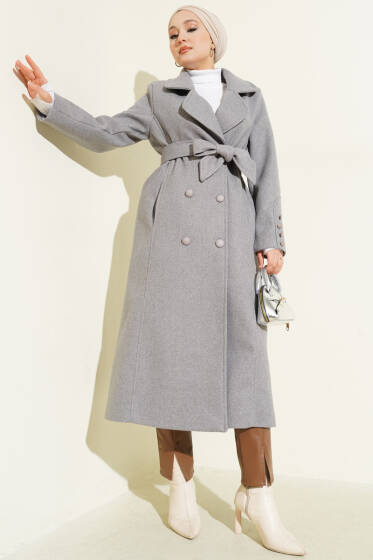 Bilek Düğmeli Kuşaklı Kaşe Kaban Gri - Kaban