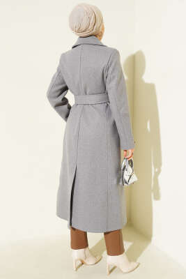 Bilek Düğmeli Kuşaklı Kaşe Kaban Gri - Kaban