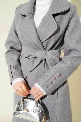 Bilek Düğmeli Kuşaklı Kaşe Kaban Gri - Kaban