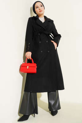 Bilek Düğmeli Kuşaklı Kaşe Kaban Siyah - FELEMEZ