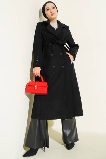 Bilek Düğmeli Kuşaklı Kaşe Kaban Siyah - Kaban