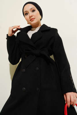 Bilek Düğmeli Kuşaklı Kaşe Kaban Siyah - Kaban