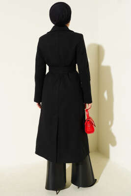 Bilek Düğmeli Kuşaklı Kaşe Kaban Siyah - Kaban