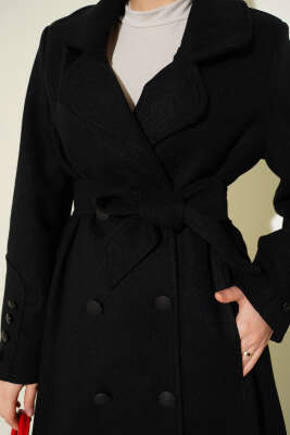 Bilek Düğmeli Kuşaklı Kaşe Kaban Siyah - Kaban