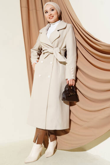 Bilek Düğmeli Kuşaklı Kaşe Kaban Taş - Kaban