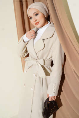 Bilek Düğmeli Kuşaklı Kaşe Kaban Taş - Kaban