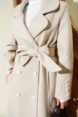 Bilek Düğmeli Kuşaklı Kaşe Kaban Taş - Kaban