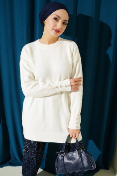 Bilek Düğmeli Sakallı Triko Tunik Bej - Tunik