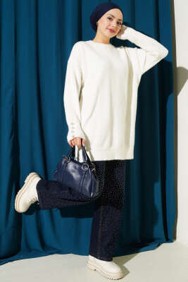 Bilek Düğmeli Sakallı Triko Tunik Bej - Tunik