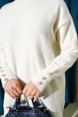 Bilek Düğmeli Sakallı Triko Tunik Bej - Tunik