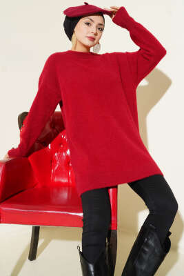 Bilek Düğmeli Sakallı Triko Tunik Bordo - ARISOY