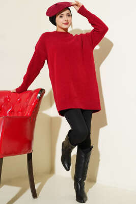 Bilek Düğmeli Sakallı Triko Tunik Bordo - Tunik