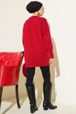 Bilek Düğmeli Sakallı Triko Tunik Bordo - Tunik