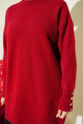 Bilek Düğmeli Sakallı Triko Tunik Bordo - Tunik