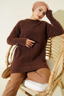 Bilek Düğmeli Sakallı Triko Tunik Kahve 