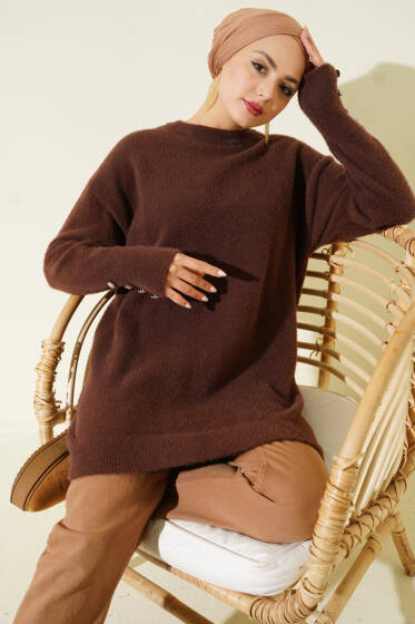 Bilek Düğmeli Sakallı Triko Tunik Kahve - Tunik