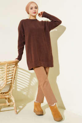 Bilek Düğmeli Sakallı Triko Tunik Kahve - Tunik