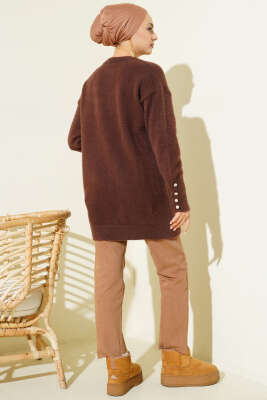 Bilek Düğmeli Sakallı Triko Tunik Kahve - Tunik