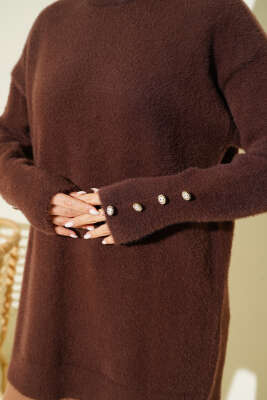 Bilek Düğmeli Sakallı Triko Tunik Kahve - Tunik