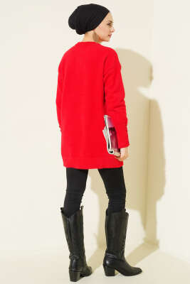 Bilek Düğmeli Sakallı Triko Tunik Kırmızı - Tunik