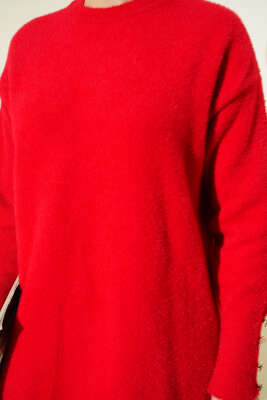 Bilek Düğmeli Sakallı Triko Tunik Kırmızı - Tunik