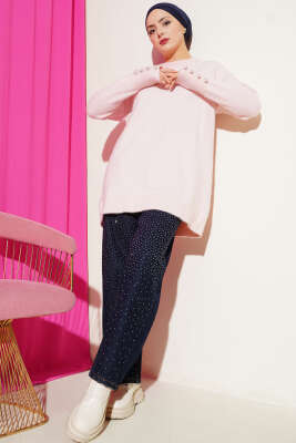 Bilek Düğmeli Sakallı Triko Tunik Pembe - Tunik