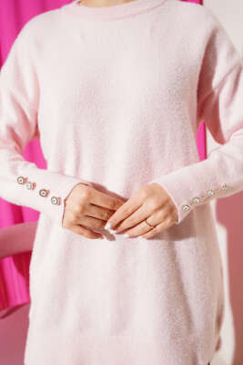 Bilek Düğmeli Sakallı Triko Tunik Pembe - Tunik