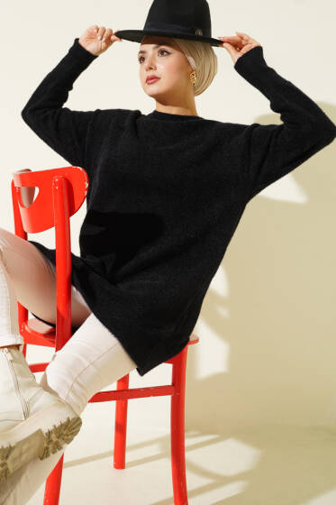 Bilek Düğmeli Sakallı Triko Tunik Siyah - Tunik