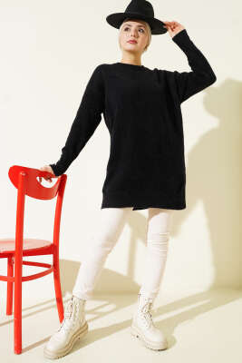 Bilek Düğmeli Sakallı Triko Tunik Siyah - Tunik