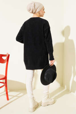 Bilek Düğmeli Sakallı Triko Tunik Siyah - Tunik