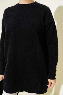 Bilek Düğmeli Sakallı Triko Tunik Siyah - Tunik