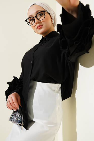 Bilek Fırfırlı Kısa Gömlek Siyah - Gömlek