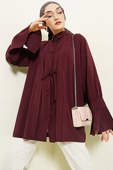 Bilek Fırfırlı Salaş Modal Gömlek Bordo - Gömlek