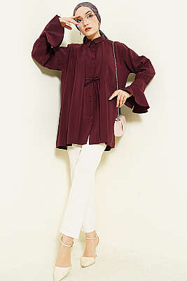 Bilek Fırfırlı Salaş Modal Gömlek Bordo - Gömlek