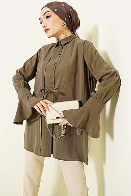 Bilek Fırfırlı Salaş Modal Gömlek Haki - DESTİNA