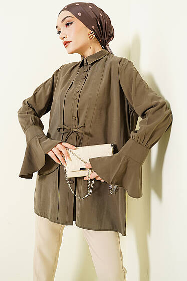 Bilek Fırfırlı Salaş Modal Gömlek Haki - Gömlek