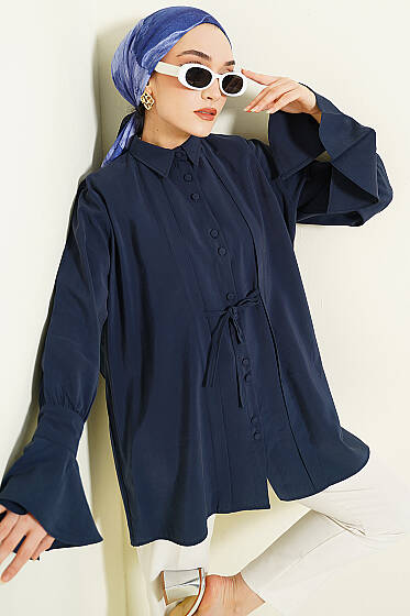 Bilek Fırfırlı Salaş Modal Gömlek Lacivert - Gömlek