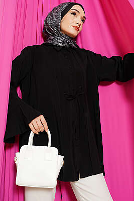 Bilek Fırfırlı Salaş Modal Gömlek Siyah - DESTİNA