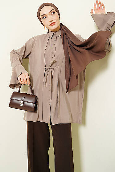 Bilek Fırfırlı Salaş Modal Gömlek Vizon - Gömlek