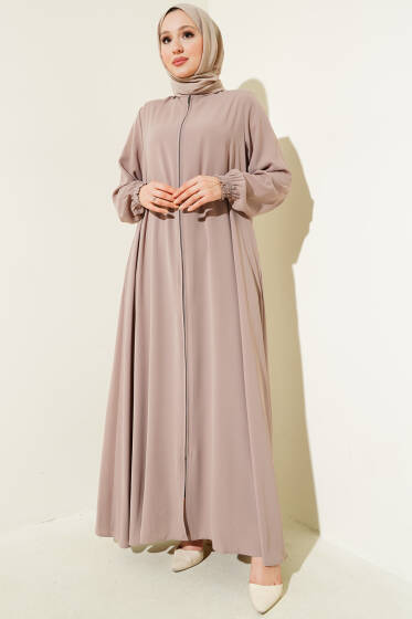 Bilek Gipeli Omuz Vatkalı Büyük Beden Ferace Bej - Ferace