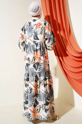 Bilek Gipeli Yaprak Desenli Elbise Füme - Tesettür Elbise