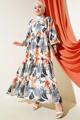 Bilek Gipeli Yaprak Desenli Elbise Füme 