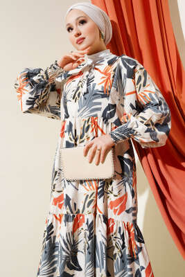 Bilek Gipeli Yaprak Desenli Elbise Füme - Tesettür Elbise