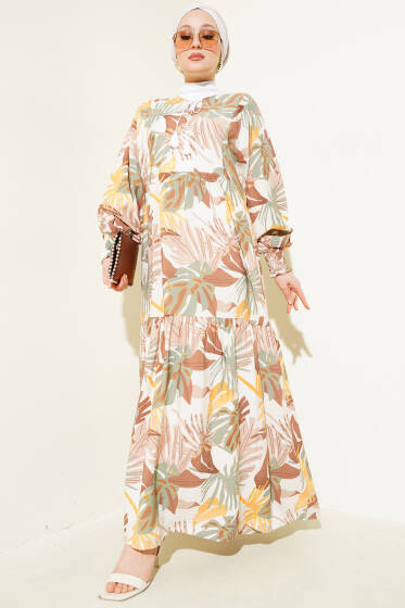 Bilek Gipeli Yaprak Desenli Elbise Kahve - Elbise